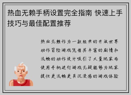 热血无赖手柄设置完全指南 快速上手技巧与最佳配置推荐